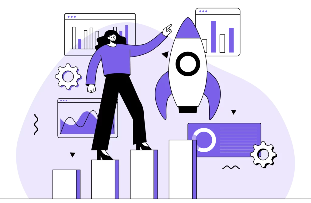 Illustration de la croissance avec une personne sur des graphiques en hausse et une fusée.