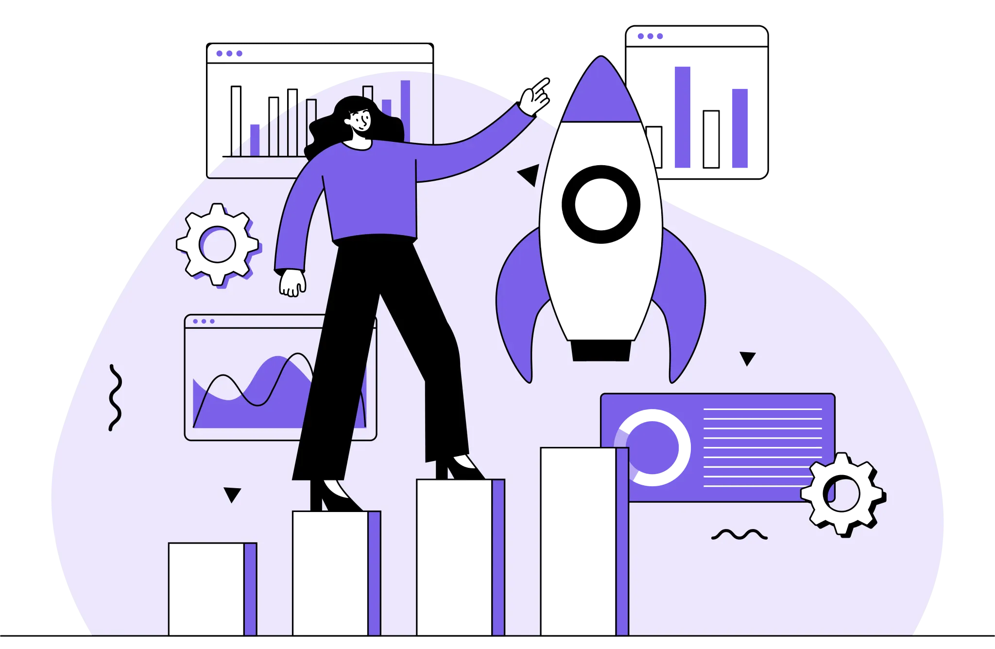 Illustration de la croissance avec une personne sur des graphiques en hausse et une fusée.