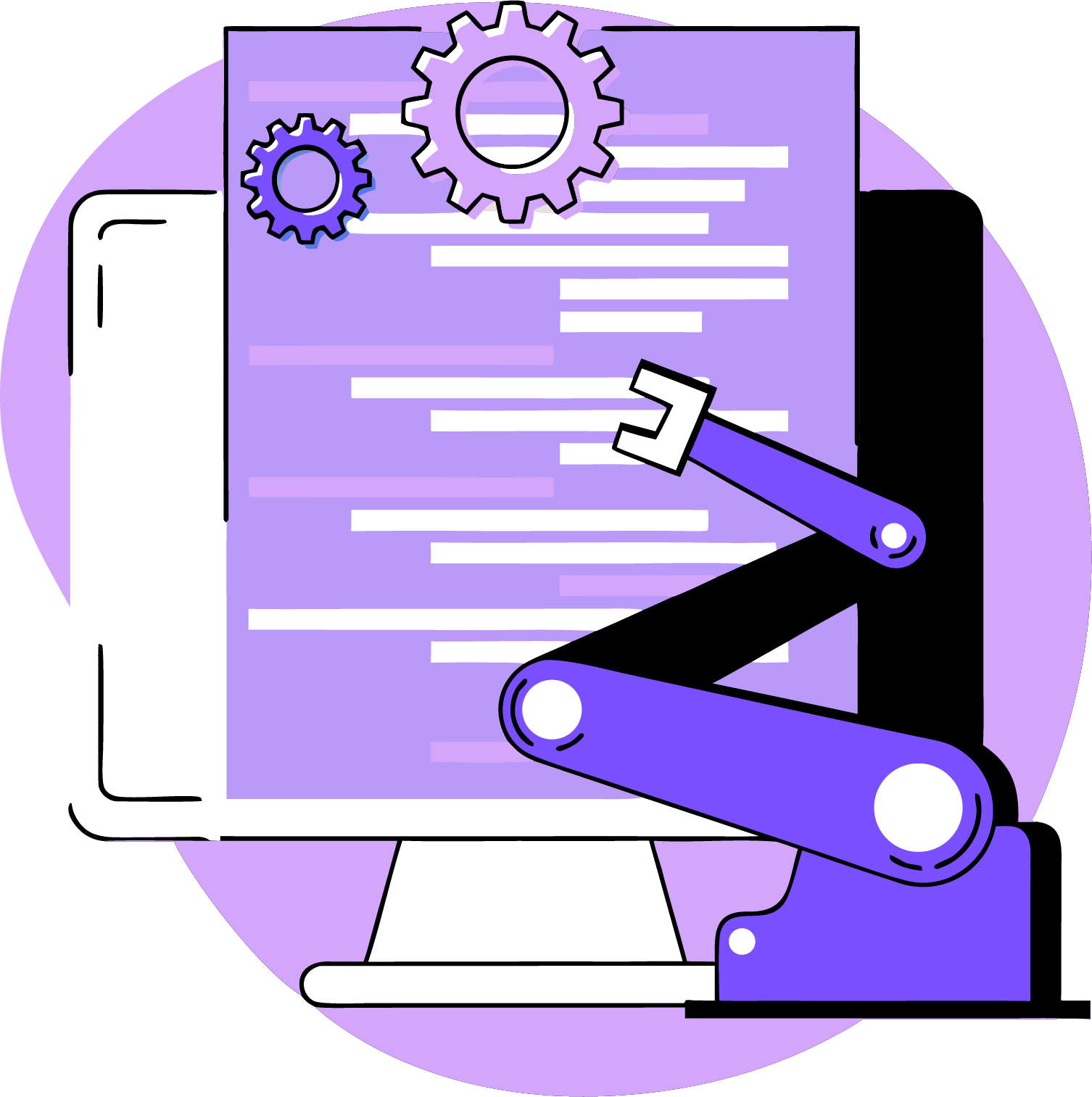 Bras robotique interagissant avec un écran d’ordinateur affichant du code, symbolisant l’automatisation et la programmation