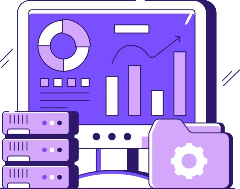 Écran d'ordinateur affichant des graphiques, des serveurs et un dossier d'équipement, représentant des données et des technologies.