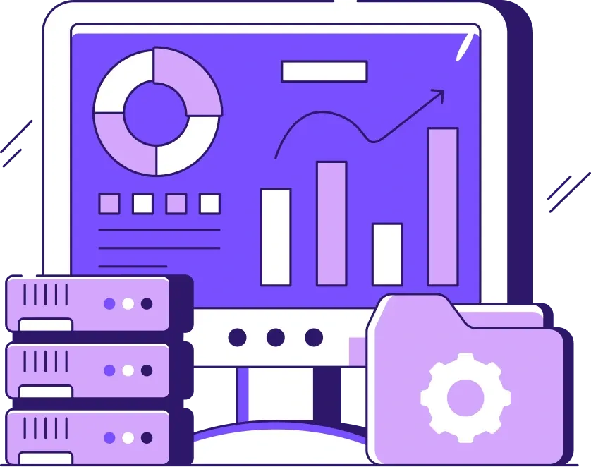 Écran d'ordinateur affichant des graphiques, des serveurs et un dossier d'équipement, représentant des données et des technologies.