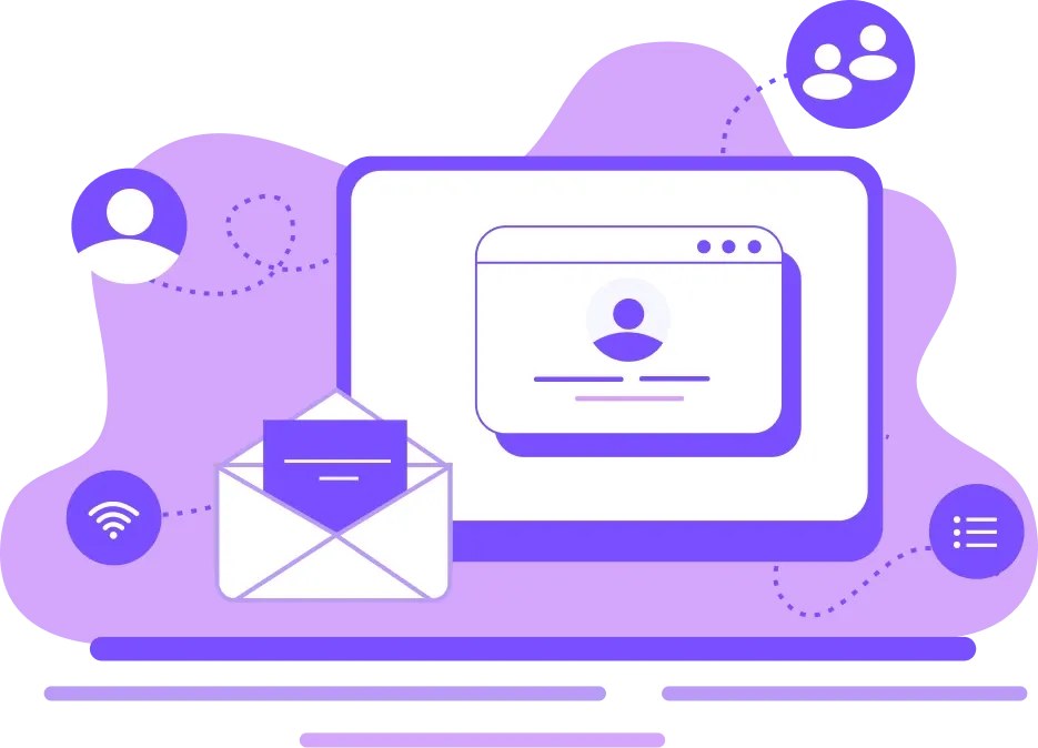 Espace de travail numérique violet avec écran, profil, email, Wi-Fi et icônes sociales, symbolisant la connectivité.