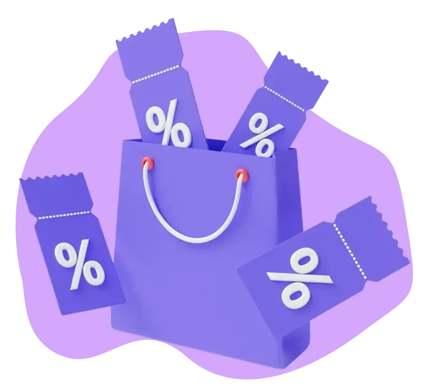 Un sac de courses violet orné de symboles de pourcentage, évoquant des réductions et des soldes réjouissantes