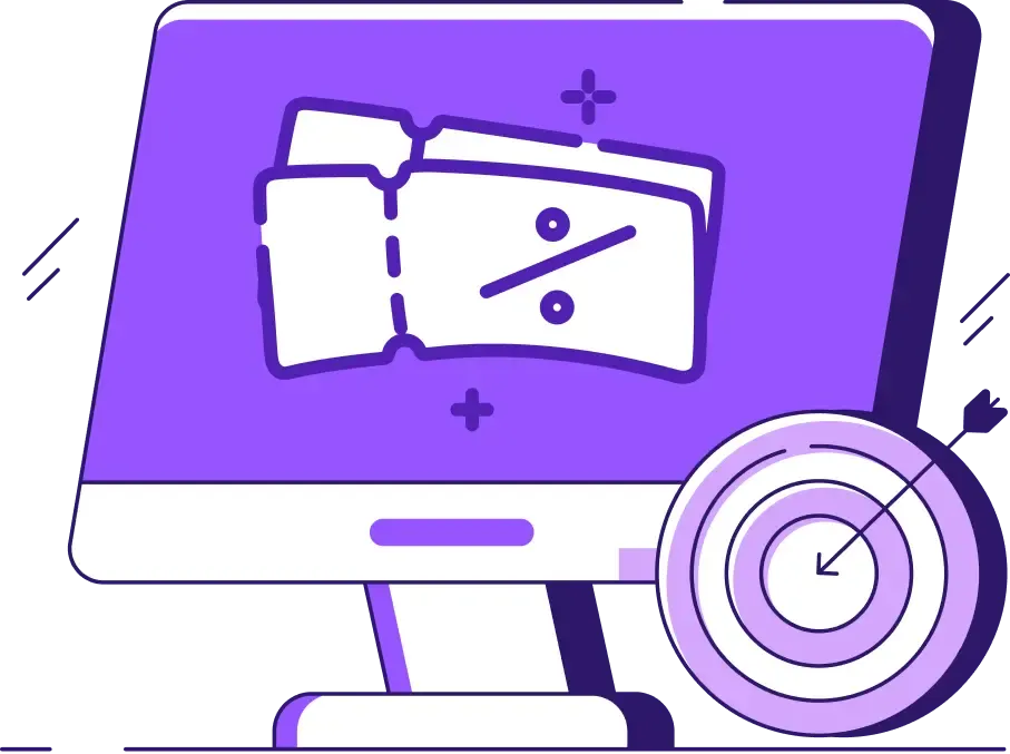 Un écran d'ordinateur affichant des tickets de réduction et un symbole de pourcentage, avec une cible et une flèche indiquant la réussite.