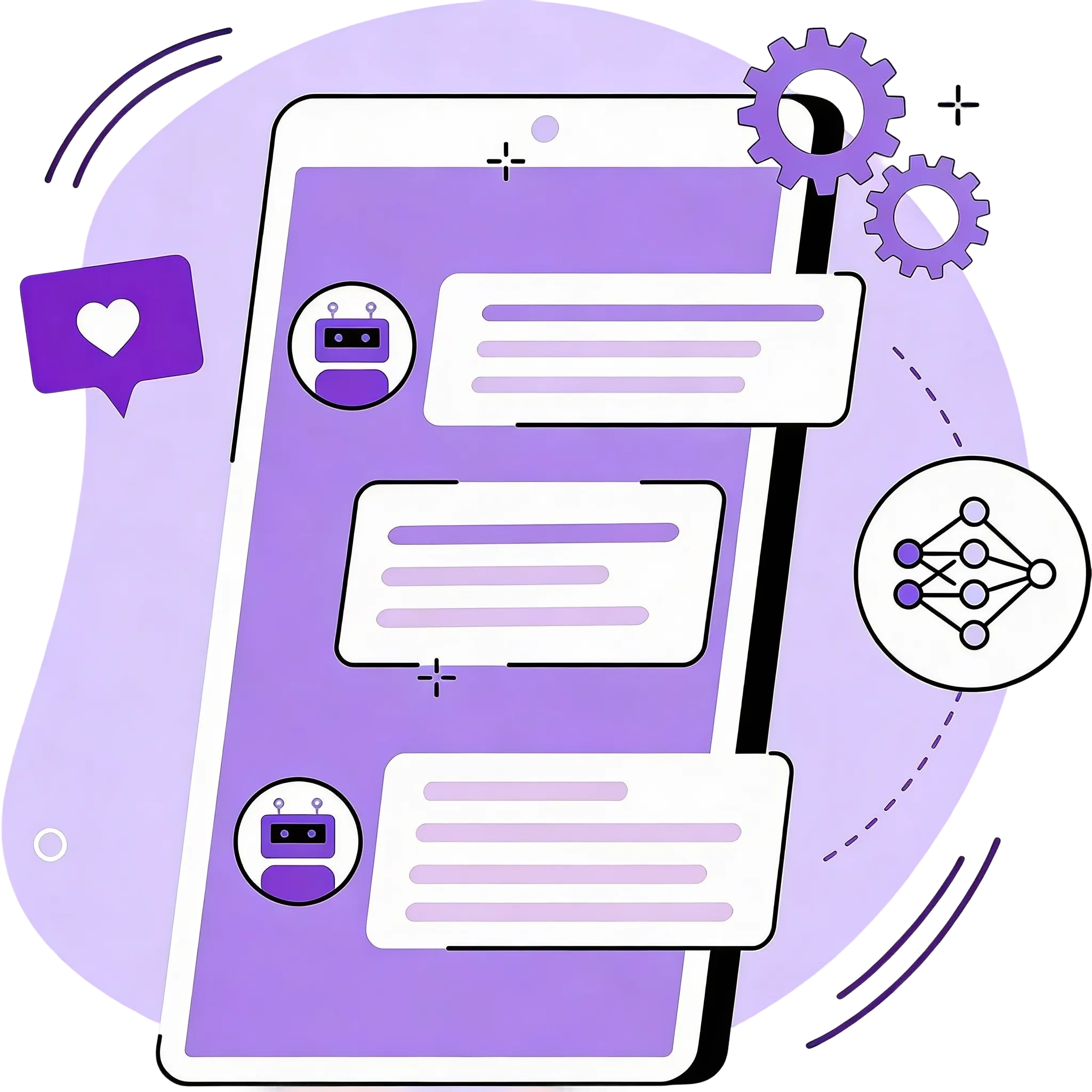 Illustration d’un chatbot sur smartphone, avec des bulles de dialogue et des icônes d’IA, symbolisant la communication automatisée