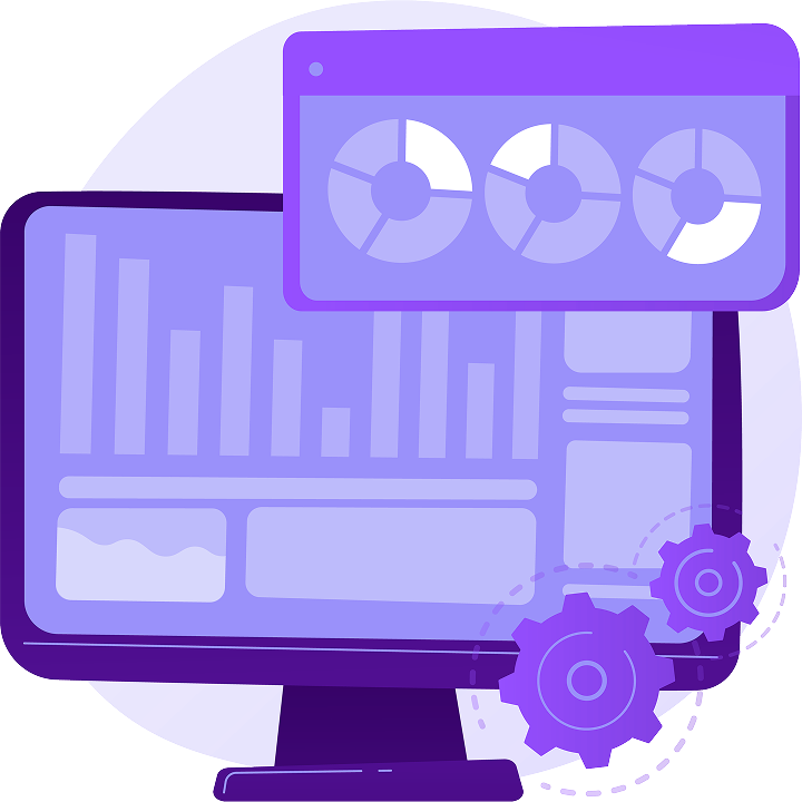 Écran montrant un tableau de bord analytique avec graphiques et diagrammes.
