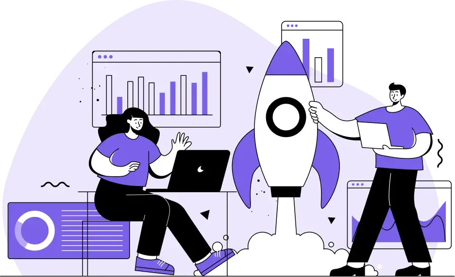 Illustration de deux personnes utilisant la technologie avec une fusée et des graphiques de croissance de start-up