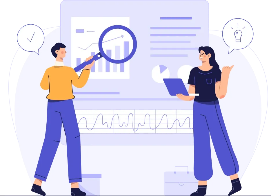 Illustration de deux professionnels analysant des graphiques et statistiques avec loupe et ordinateur portable.