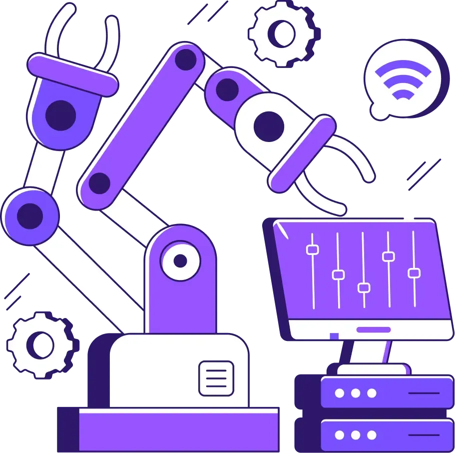 Bras robotique violet avec écran de contrôle, icônes Wi-Fi et engrenages, concept d’automatisation industrielle.