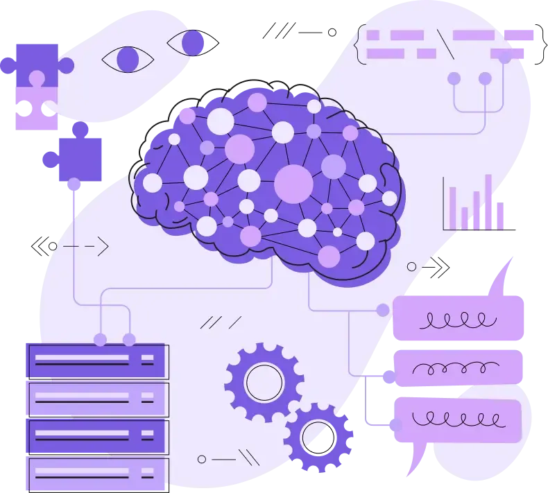 Cerveau violet en réseau neuronal, concept d’intelligence artificielle.
