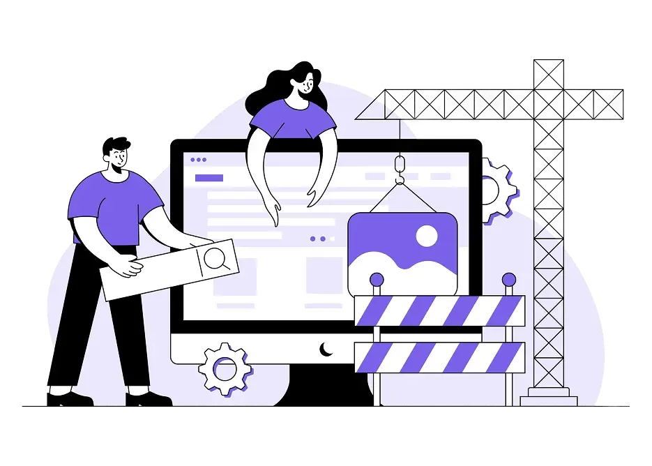 Développement de site web avec designers et grue installant une image sur interface UI