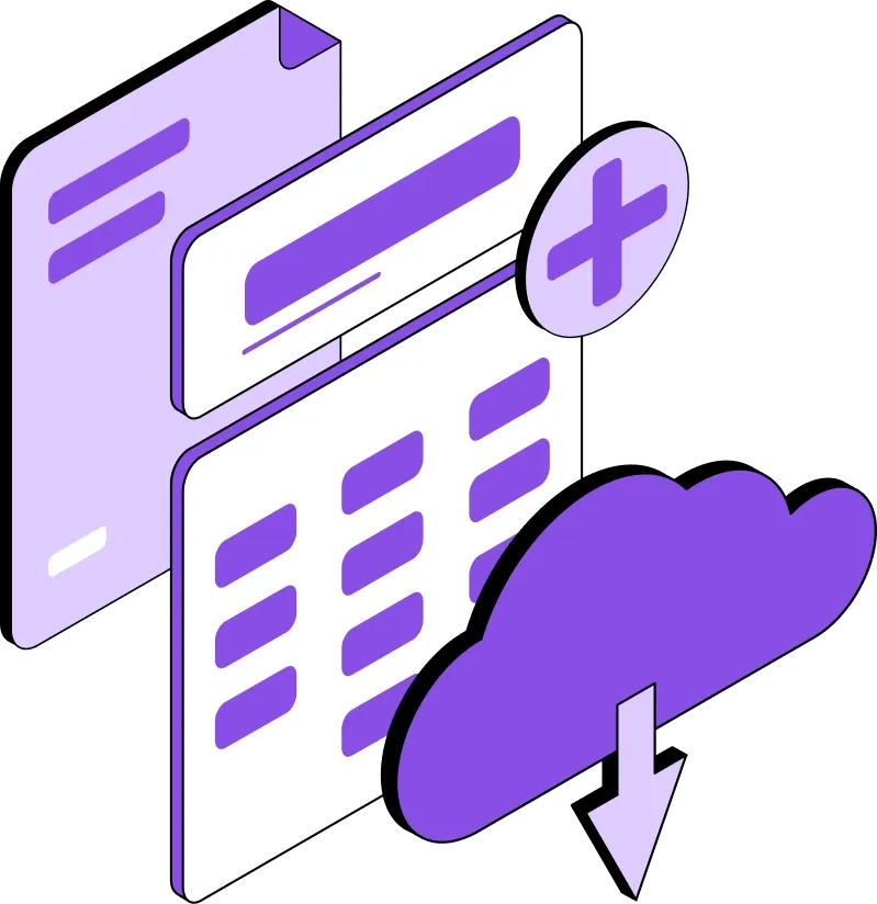 Icône cloud violet avec formulaire et flèche de téléchargement.