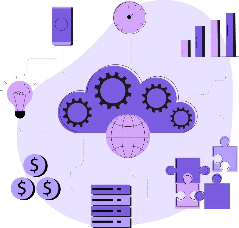 Illustration cloud violet avec engrenages, globe, serveurs et icônes business, représentant automatisation et gestion cloud.