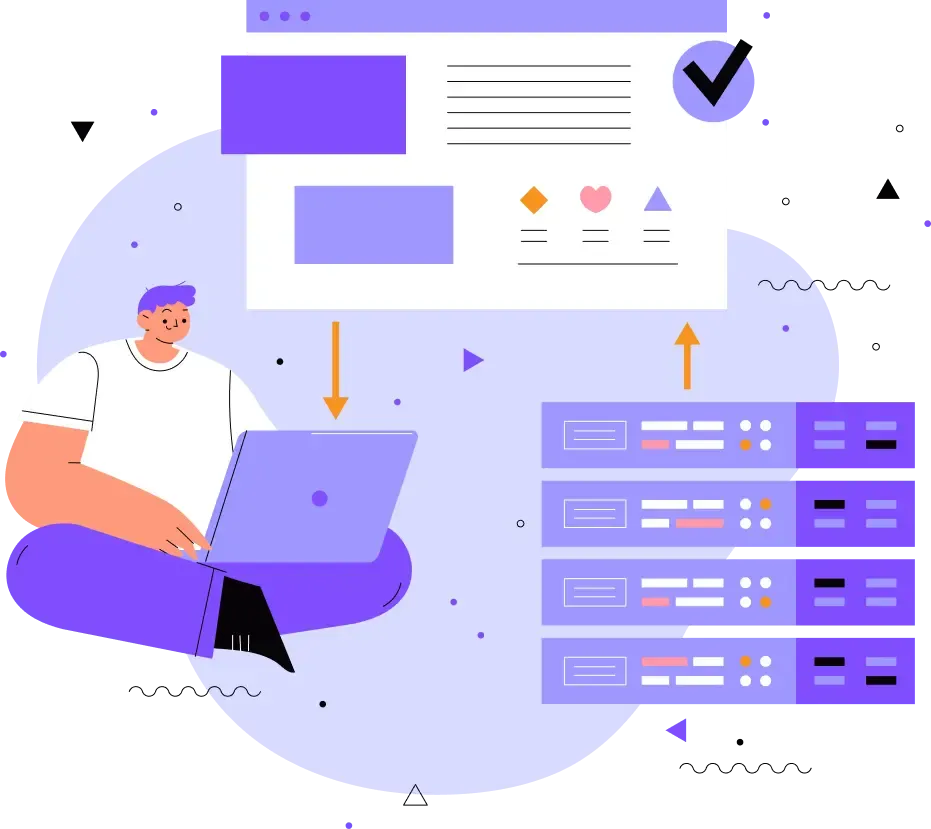Illustration d’un utilisateur sur ordinateur portable avec serveurs, interface web et icônes cloud, symbolisant gestion de données et hébergement web
