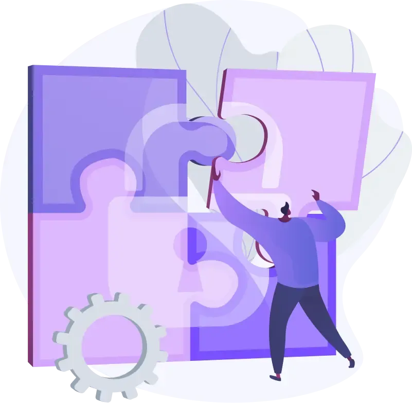Illustration violette d’une personne assemblant des pièces de puzzle géantes, symbolisant collaboration et résolution de problèmes.