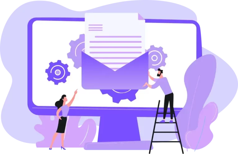 Illustration automatisation email avec écran et engrenages