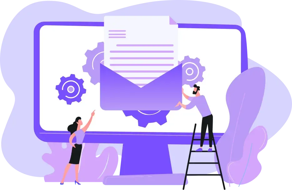 Illustration automatisation email avec écran et engrenages