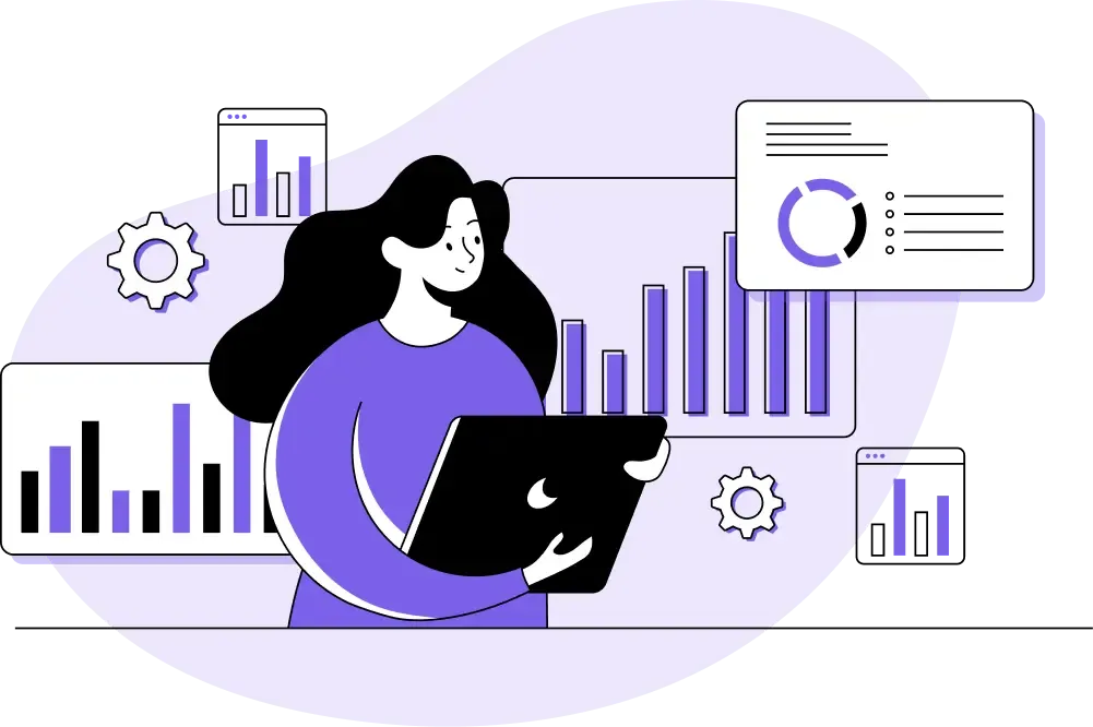 Illustration d’analyse de données avec tablette, graphiques et tableaux de bord.