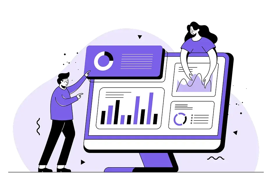 Illustration tableau de bord analytics avec équipe et graphiques.