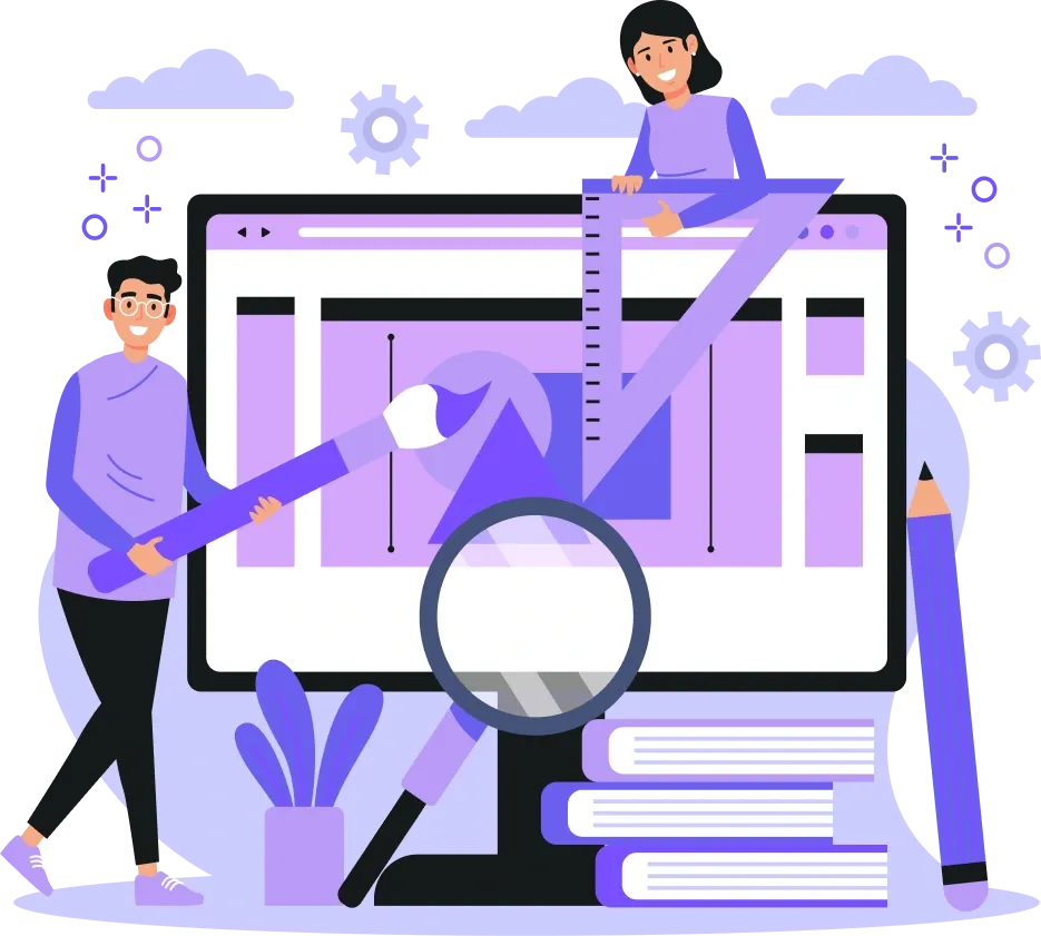 Illustration de design UI/UX avec outils graphiques, écran et collaboration d’équipe.