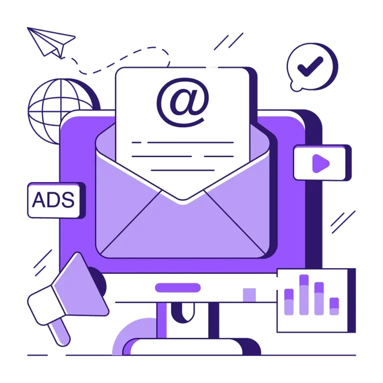 Illustration email marketing avec enveloppe, icônes pub et statistiques.