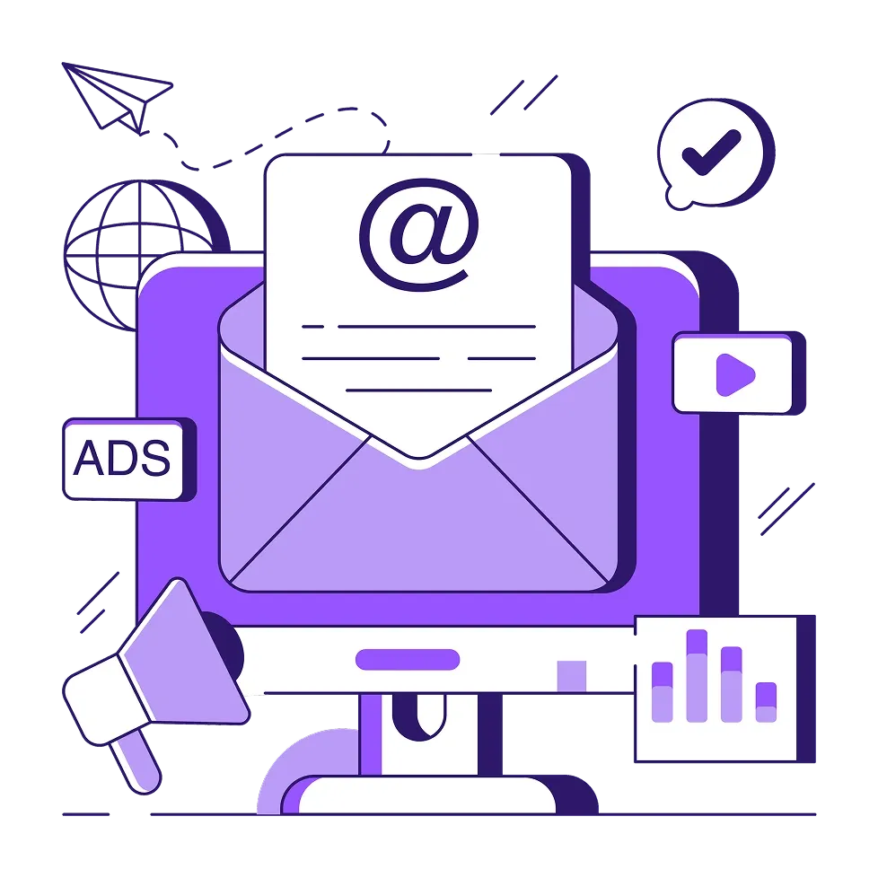 Illustration email marketing avec enveloppe, icônes pub et statistiques.