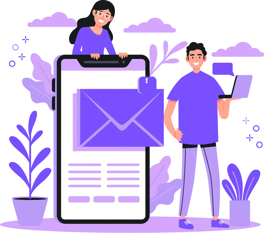 Illustration d’email sur mobile avec deux utilisateurs, symbolisant communication et messagerie digitale.