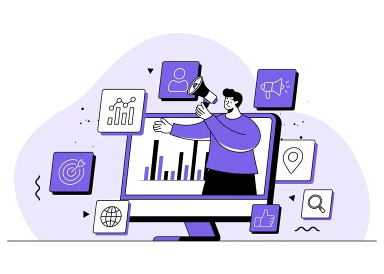 Illustration marketing digital avec écran, statistiques et icônes stratégie.