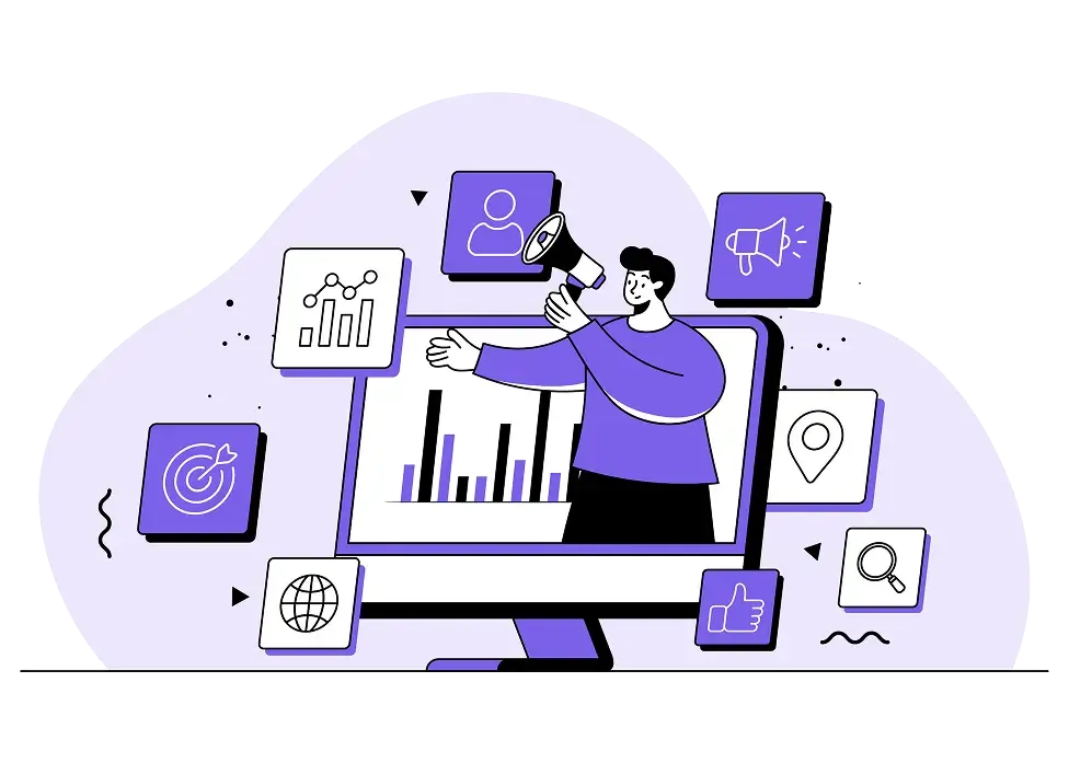 Illustration marketing digital avec écran, statistiques et icônes stratégie.