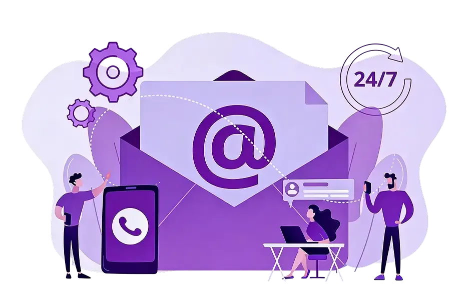 Illustration support client avec email, téléphone et assistance 24/7.