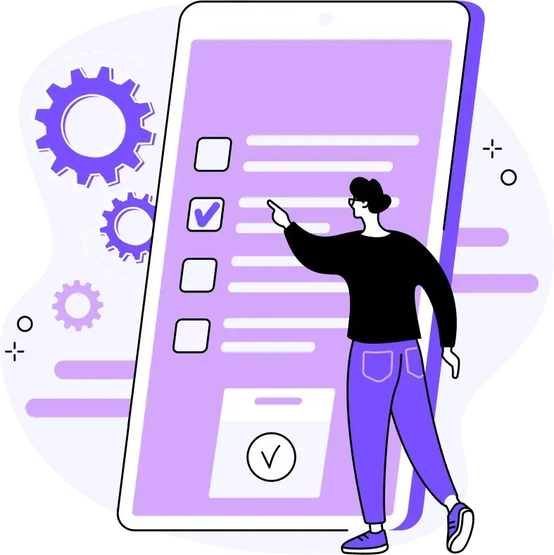 Personne utilisant une checklist sur smartphone avec icônes paramètres et validation