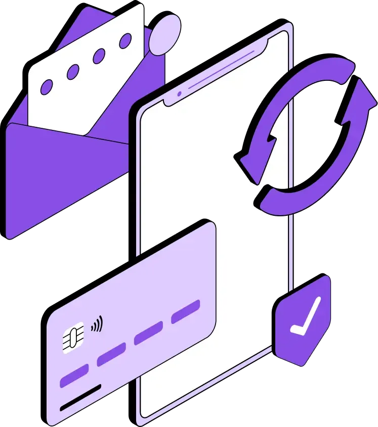 Smartphone avec enveloppe, carte bancaire et flèches de synchronisation illustrant échanges de données sécurisés