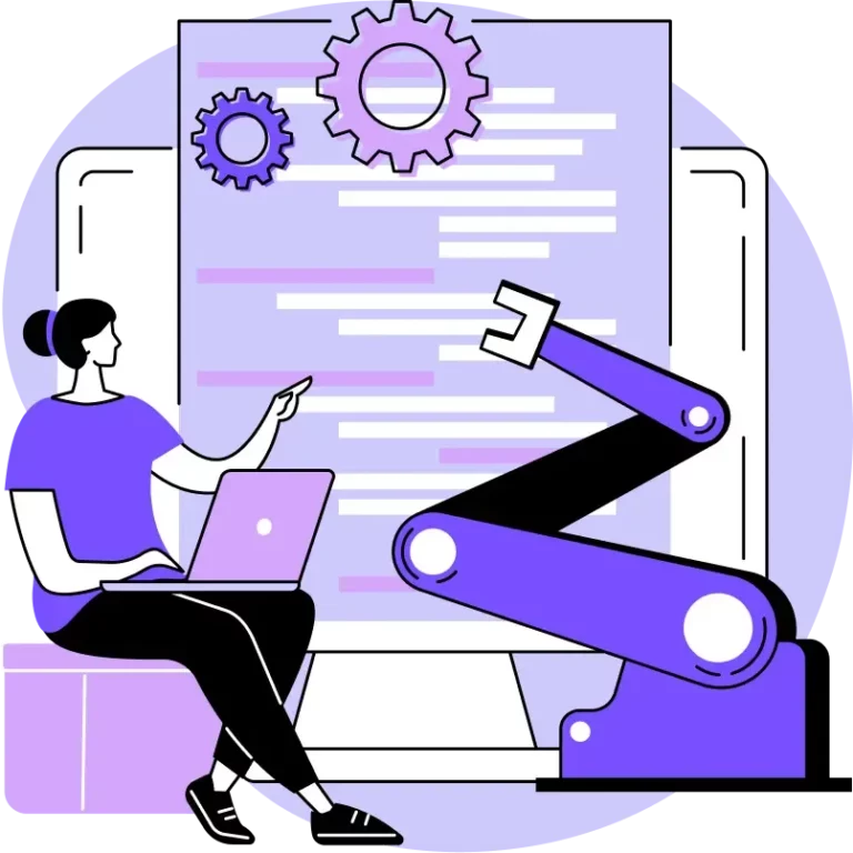 Femme utilisant un ordinateur portable à côté d’un workflow automatisé.