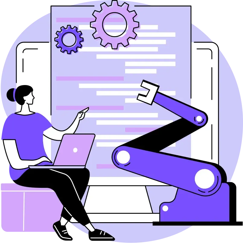 Femme utilisant un ordinateur portable à côté d’un workflow automatisé.
